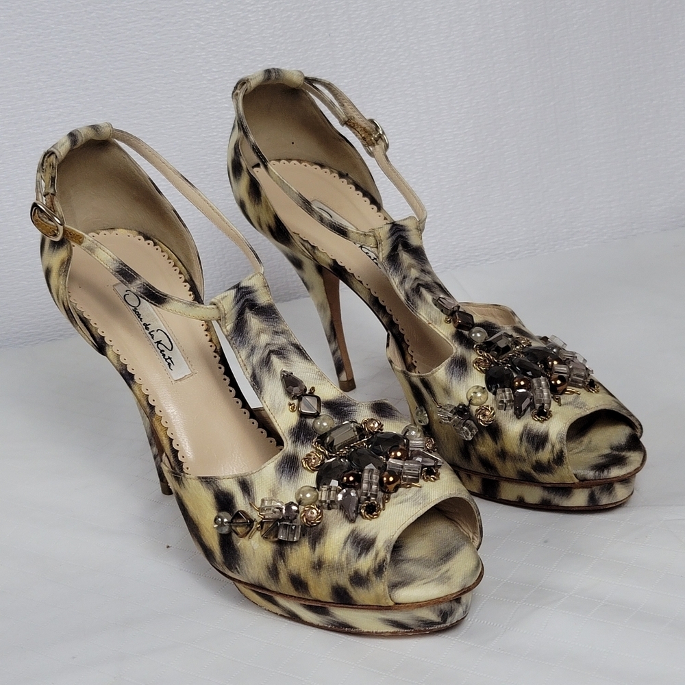 Oscar De La Renta Crystal Embellished Animal Print Platform Sandals 40 - Picture 2 of 14